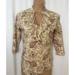 Chaps Denim Beige Purple Paisley Ruffle Collar Shirt Women's ‎ XS